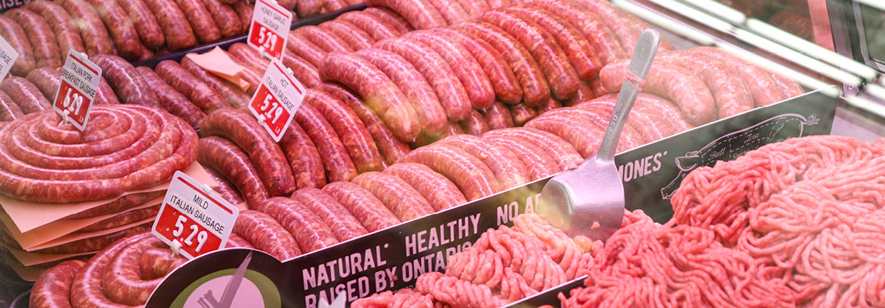 Display of sausage and ground beef