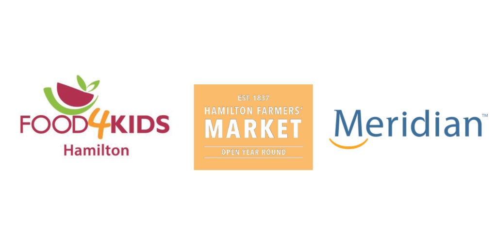 Logos of the following brands: Food4Kids, Hamilton Farmers' Market, Meridian Credit Union